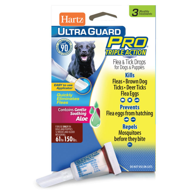 Hartz SKU#3270010878 Hartz UltraGuard Pro Flea and Tick Drops for dogs with ticks. Package with tube.