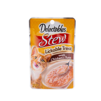 Hartz Delectables Lickable Treat. Front of package picturing cat and stew lickable wet cat treat.