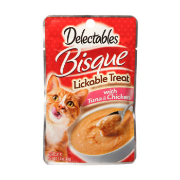 A lickable chicken and tuna bisque for hungry cats, Hartz SKU 3270011053