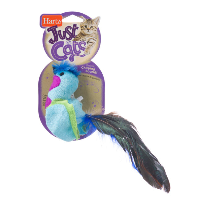 A blue chirping plush bird toy for cats, Hartz SKU 3270014952