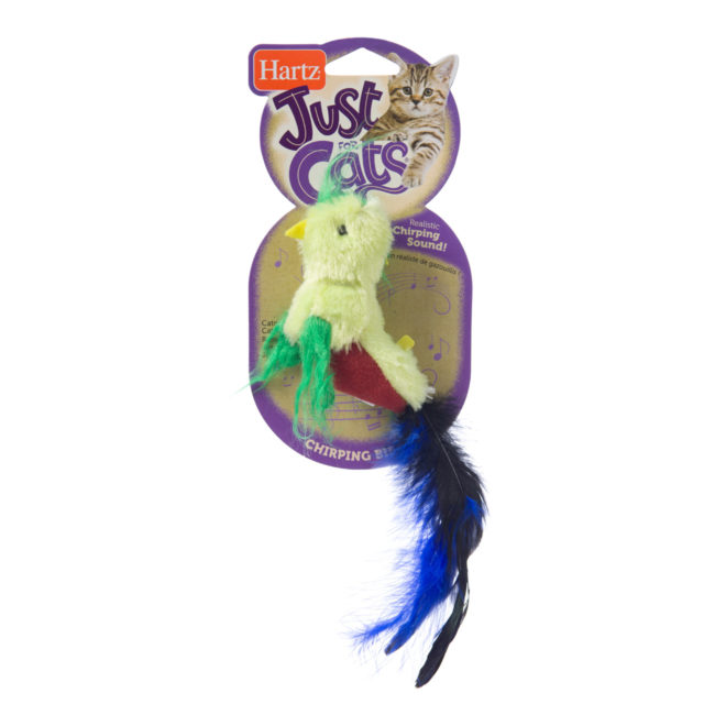 A green chirping plush bird toy for cats, Hartz SKU 3270014952