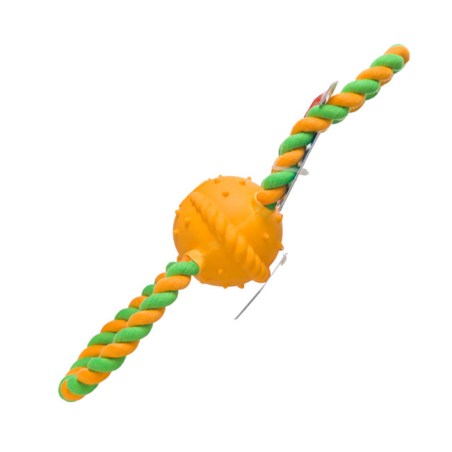 Green and orange rope toy and chewy ball for dogs, Hartz SKU 3270015386