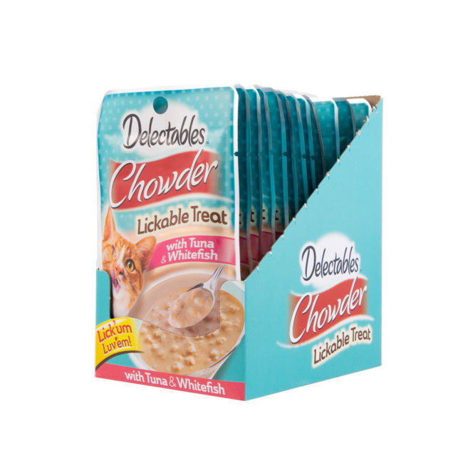 Hartz Delectables™ Lickable Treat chowder tuna and whitefish. Front of carton. The opened carton has a picture of a cat and Hartz Delectables lickable treat chowder.