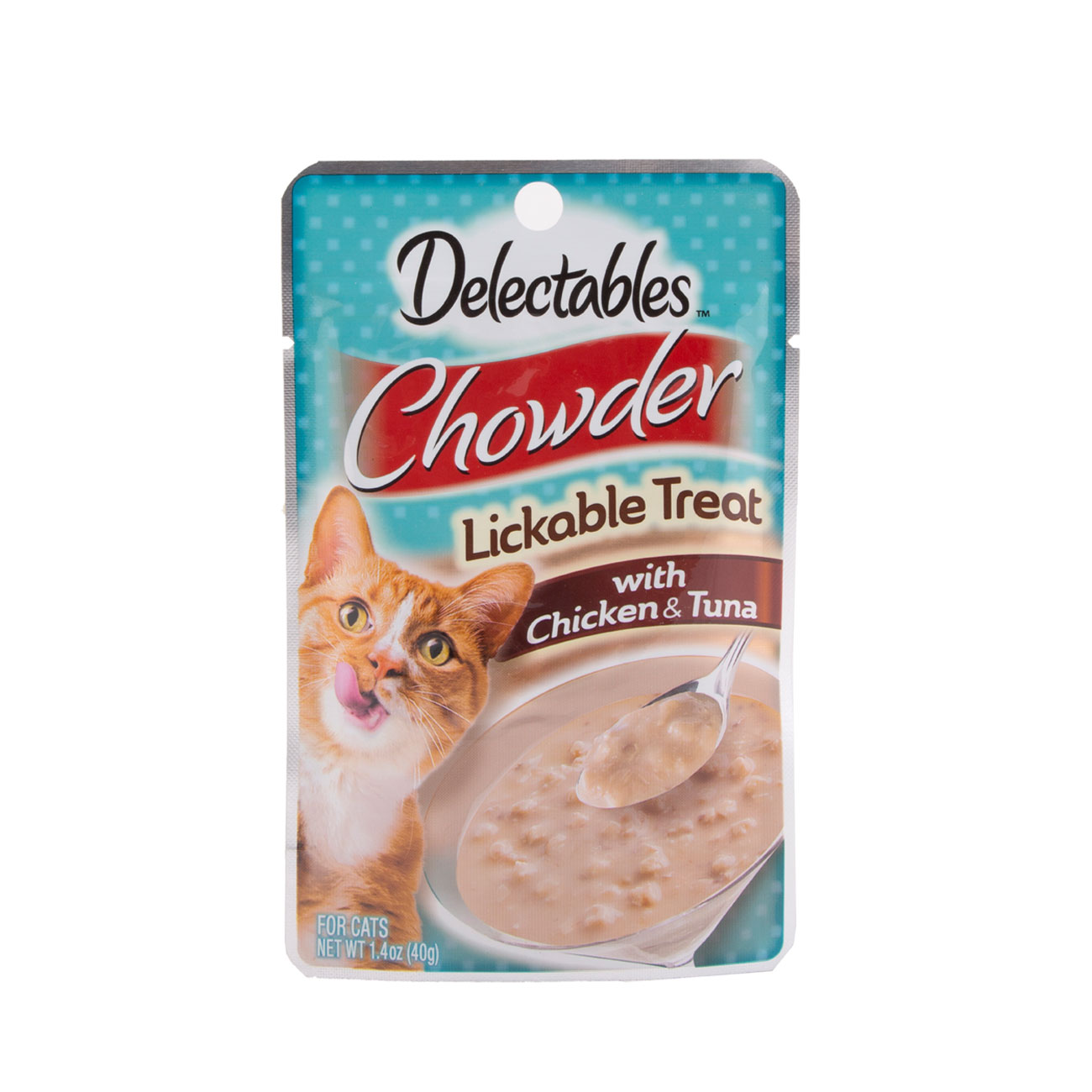 Hartz Delectables™ Lickable Treat chowder. Front of package. The package has a picture of a cat and Hartz Delectables lickable treat chowder.