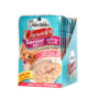 Hartz Delectables™ Lickable Treat chowder. Front of carton. The opened carton has a picture of a cat and Hartz Delectables lickable treat chowder.