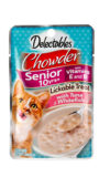 Hartz Delectables™ Lickable Treat chowder yuna and whitefish for senior cats 10+ years. Front of package. The package has a picture of a cat and Hartz Delectables lickable treat chowder.