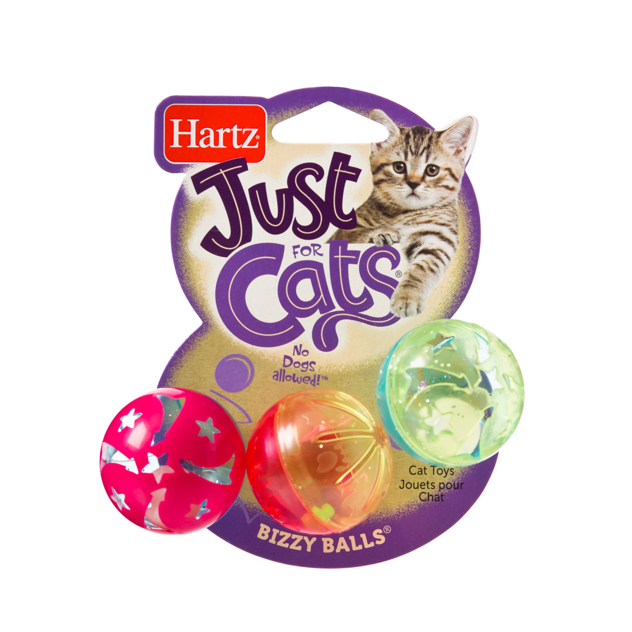 A trio of colorful ball toys for cats to rattle, Hartz SKU 3270082183