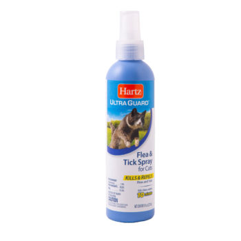 An 8 oz flea and tick spray for cats and ktitens, Hartz SKU 3270091028