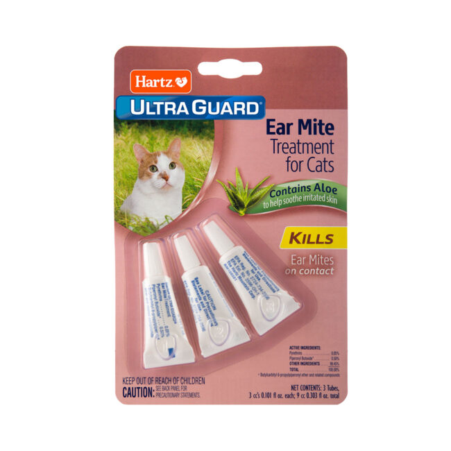 Hartz Ultraguard Ear Mite Treatment for cats. Ear mite treatment with aloe to soothe irritated skin. Hartz SKU# 3270098199