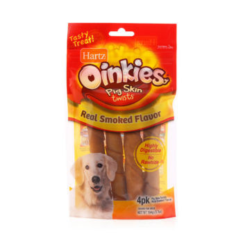 A pack of 4 pig skin dog treats, smoked flavor, Hartz SKU 3270099335