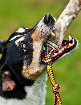 Outside at a park, dog exhibiting possessive behavior over a chew toy