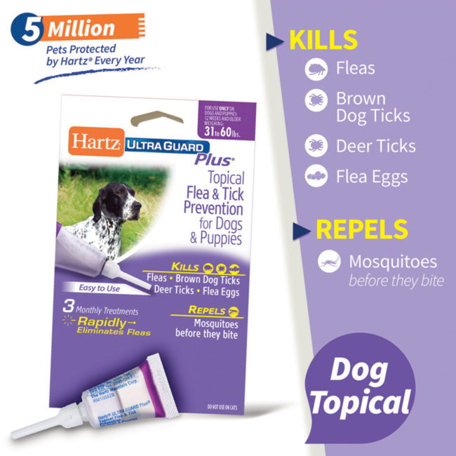 Hartz UltraGuard Plus flea treatment for dogs repels mosquitoes for 30 days.