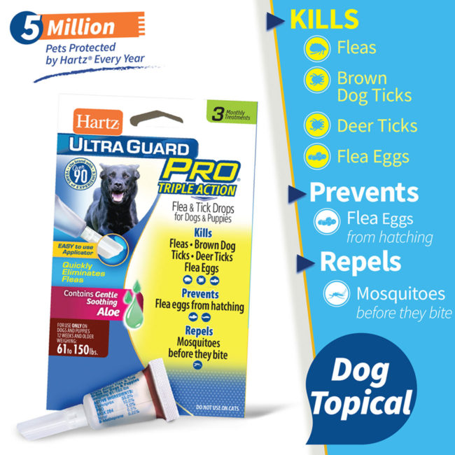 Hartz UltraGuard Pro flea and tick drops kills fleas and ticks, prevents flea eggs and repels mosquitoes.