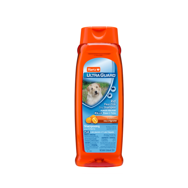 Hartz Ultraguard Rid Flea shampoo for dogs with Citrus Scent. Front of package. Hartz SKU# 3270051735