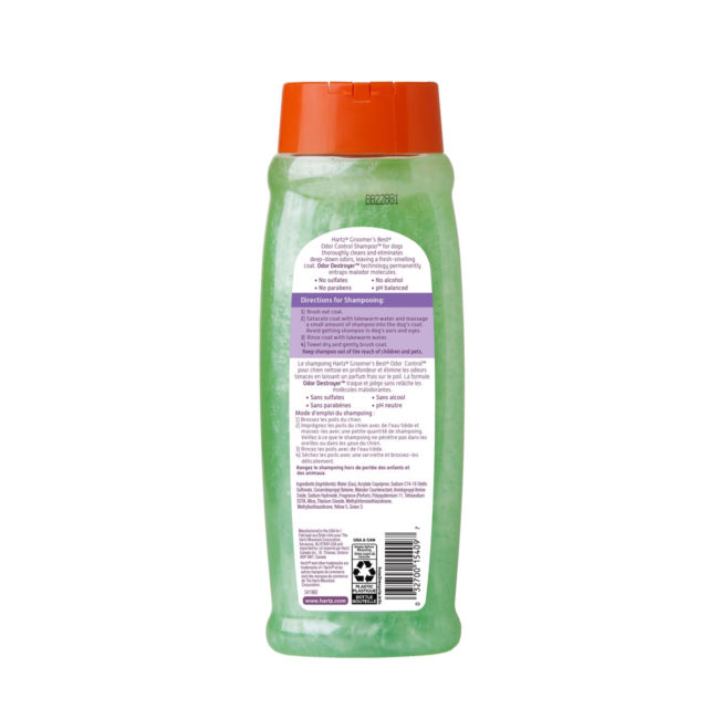 Hartz groomers best odor control shampoo for dogs. Back of package. Learn more about odor control shampoo and dog shampoo from hartz. SKU#3270015409.