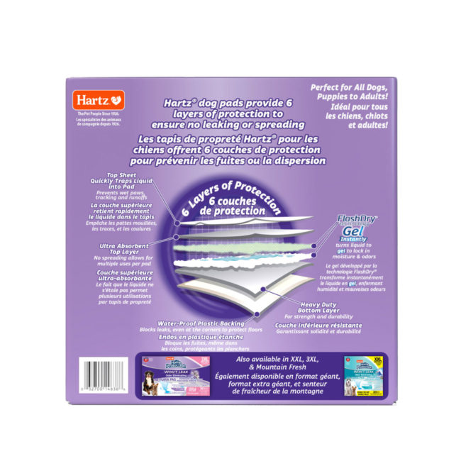 Hartz odor eliminating lavender scented dog pads. 50 count package. Hartz SKU# 3270014838