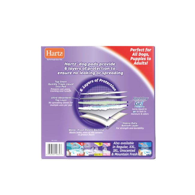 Hartz Home Protection Odor Eliminating XL dog pads. Back of 30 count package. Hartz SKU# 3270014839