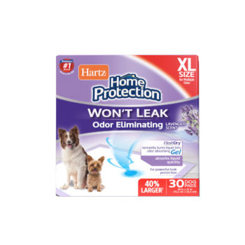 Hartz Home Protection Odor Eliminating XL dog pads. Front of 30 count package. Hartz SKU# 3270014839