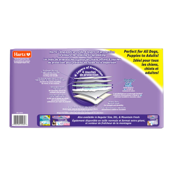 Hartz odor eliminating lavender scented XXL dog pads. 40 count package. Back of package.
