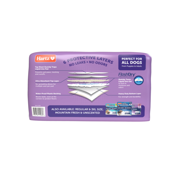 Hartz Home Protection Odor Eliminating Dog Pads. Back of XL 40 count package. Hartz SKU# 3270015480