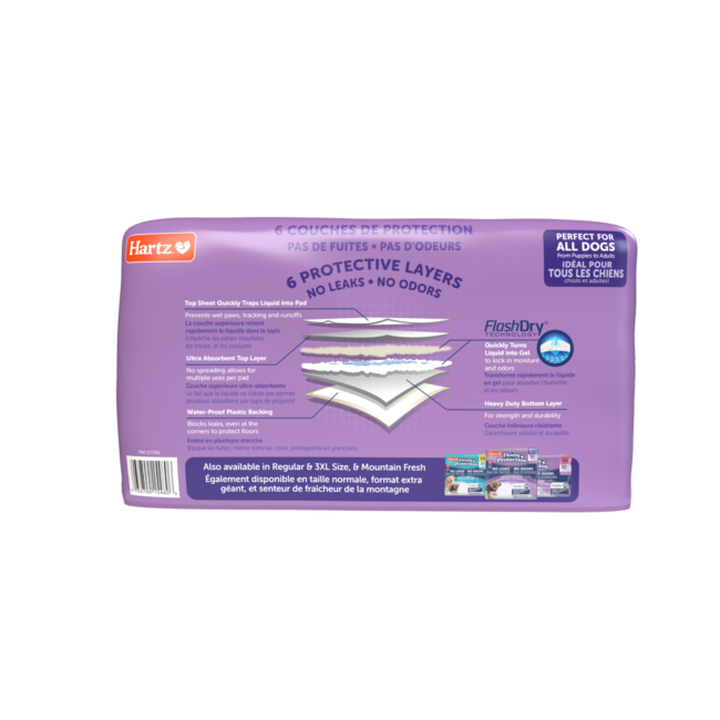 Hartz Home Protection Odor Eliminating Dog Pads. Back of XL 40 count package. Hartz SKU# 3270015480