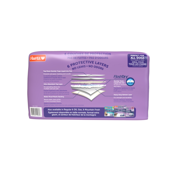 Hartz Home Protection Odor Eliminating Dog Pads. Back of XL 40 count package. Hartz SKU# 3270015480