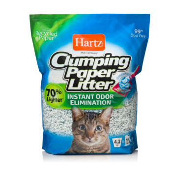 A 4.3 lb clumping paper litter for cats, dust free, Hartz SKU 3270015558