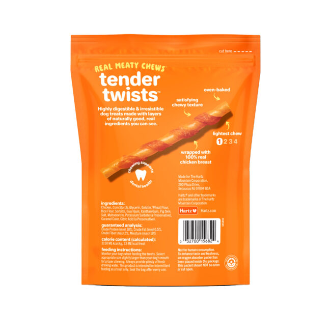 Hartz Oinkies Tender Twists. Dog treats with 100% real chicken. Back of package.