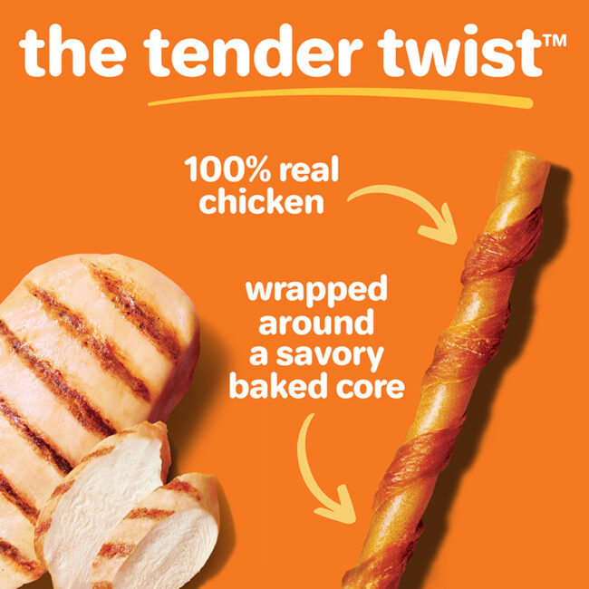 Hartz Oinkies Tender Twists, with 100% real chicken. Wrapped around a savory baked core.