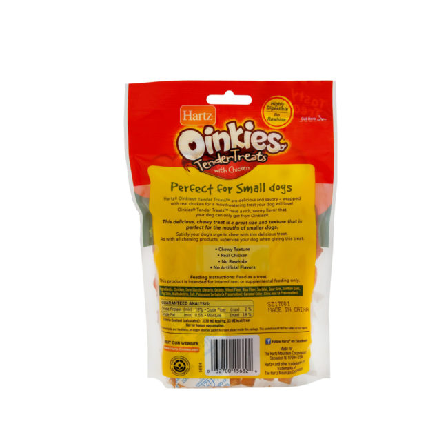 Hartz Oinkies Tender Treats. Dog treats with real chicken. Back of package. Hartz SKU 3270015682