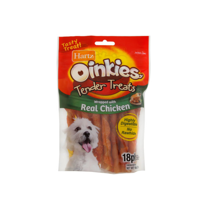 Hartz Oinkies Tender Treats, with real chicken. A dog treat with real chicken. Hartz SKU 3270015682