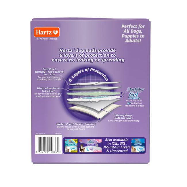 Hartz® Home Protection™ Odor Eliminating Dog Pads 14 Count - Lavender Scent. Back panel.