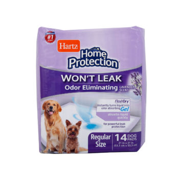 Hartz Home Protection Odor Eliminating Dog Pads. Front of 14 count package. Hartz SKU# 3270014836