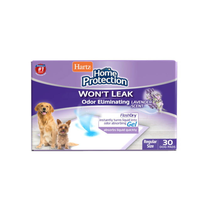 Hartz Home Protection Odor Eliminating Dog Pads. Front of 30 count package. Hartz SKU# 3270014837