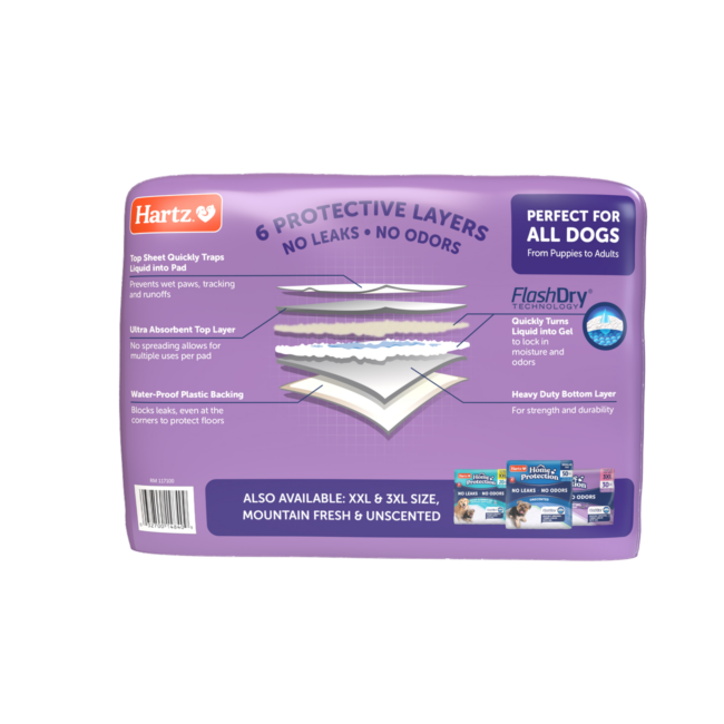 Hartz® Home Protection™ Odor Eliminating Dog Pads 14 Count - Lavender Scent. 100 Count. Back panel. Hartz SKU# 3270014840