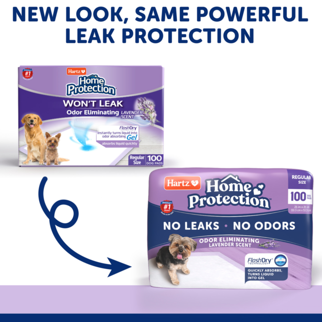 Hartz Home Protection odor eliminating dog pads. New look, same powerful protection.