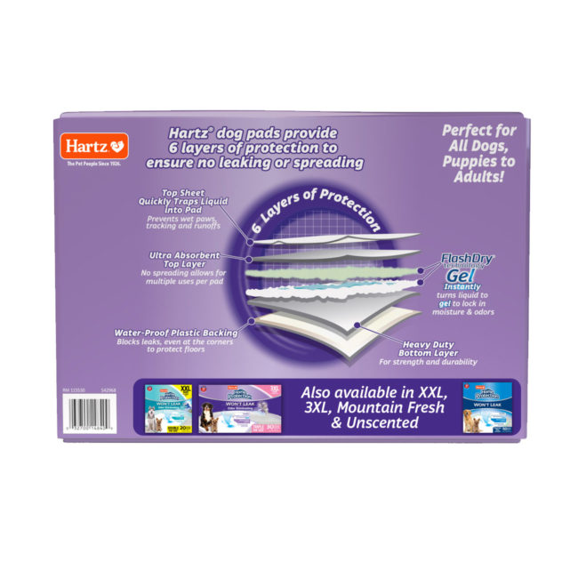 Hartz® Home Protection™ Odor Eliminating Dog Pads 14 Count - Lavender Scent. 100 Count. Back panel. Hartz SKU# 3270014840