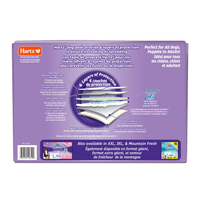 Hartz odor eliminating lavender scented dog pads. 100 count package.