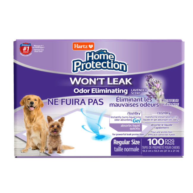 Hartz odor eliminating lavender scented dog pads. 100 count package.
