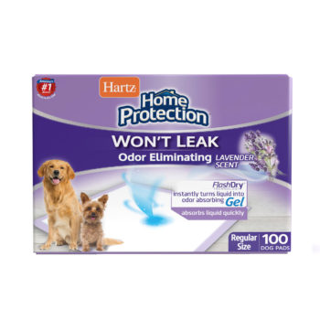 Hartz Home Protection Odor Eliminating Dog Pads. Front of 100 count package. Hartz SKU# 3270014840