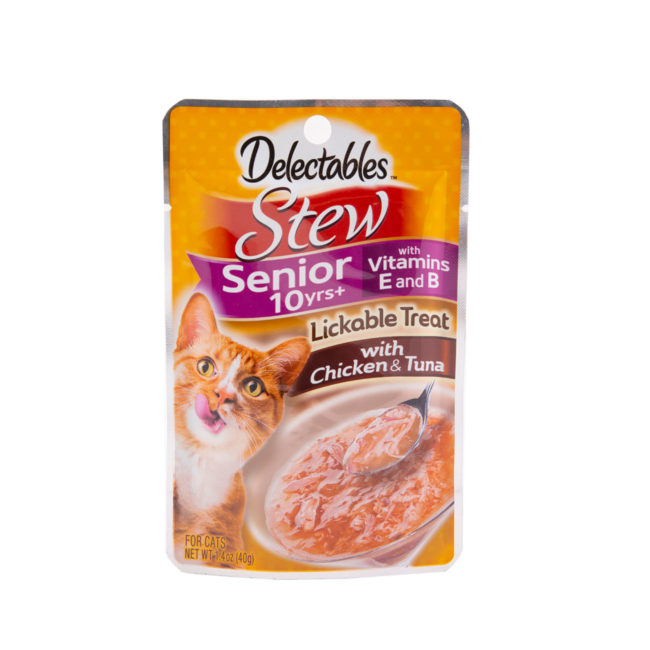 Hartz delectables lickable treat stew senior 10+ with chicken and tuna. Front of package.