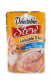 Delectables Lickable Treat Stew with Tuna and Shrimp. Back of package. Hartz Delectables Lickable Treat is the first wet cat treat.