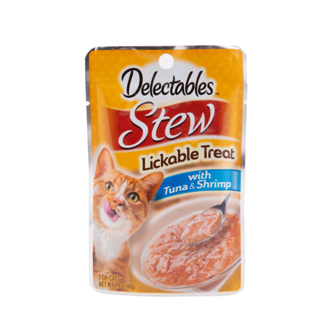Delectables Lickable Treat Stew with Tuna and Shrimp. Back of package. Hartz Delectables Lickable Treat is the first wet cat treat.