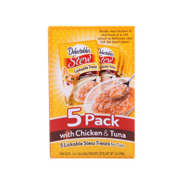 Delectables stew lickable treat for cats. A 5 pack of real chicken and tuna in stew treat for cats, Hartz SKU 3270015466