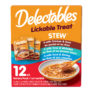 Delectables™ Lickable Treat Stew. Available in a 12 pack variety pack with chicken & tuna, tuna & whitefish, tuna & shrimp