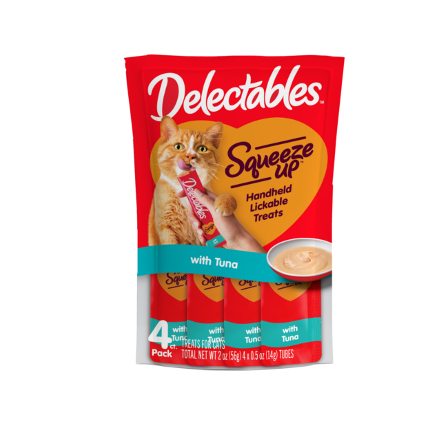 Delectables™ SqueezeUp™ with Tuna - 4 Count. Hartz Sku# 3270015525. Front of package.