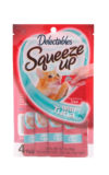 Delectables SqueezUp tuna is the first gourmet wet cat treat where feeding is interactive. Front of package picturing a cat eating from a squeezeup tube being held by a hand.