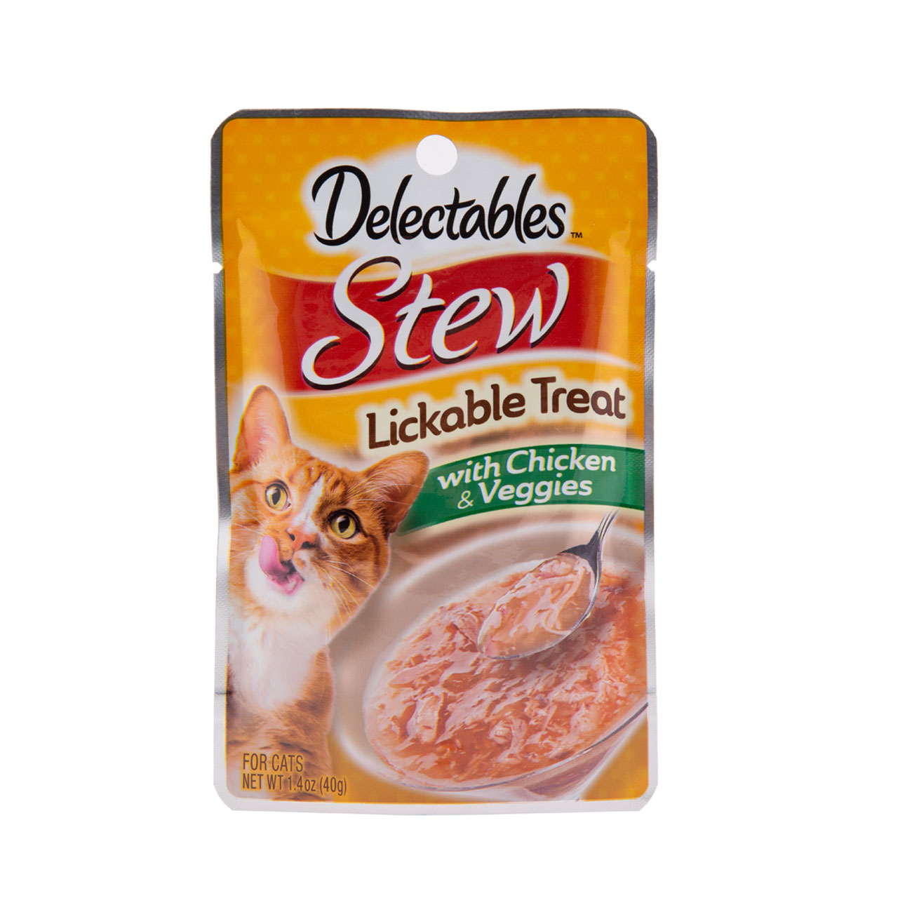 Hartz Delectables® Lickable Treat Stew with Chicken & Veggies. Front of package. Pictures are a cat and a cup of Delectables Lickable Treat Stew Chicken & Veggies
