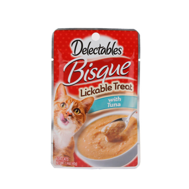 Front of Hartz Delectables Lickable Treat Bisque Tuna package. Delectables lickable treats are the first lickable wet cat treat.