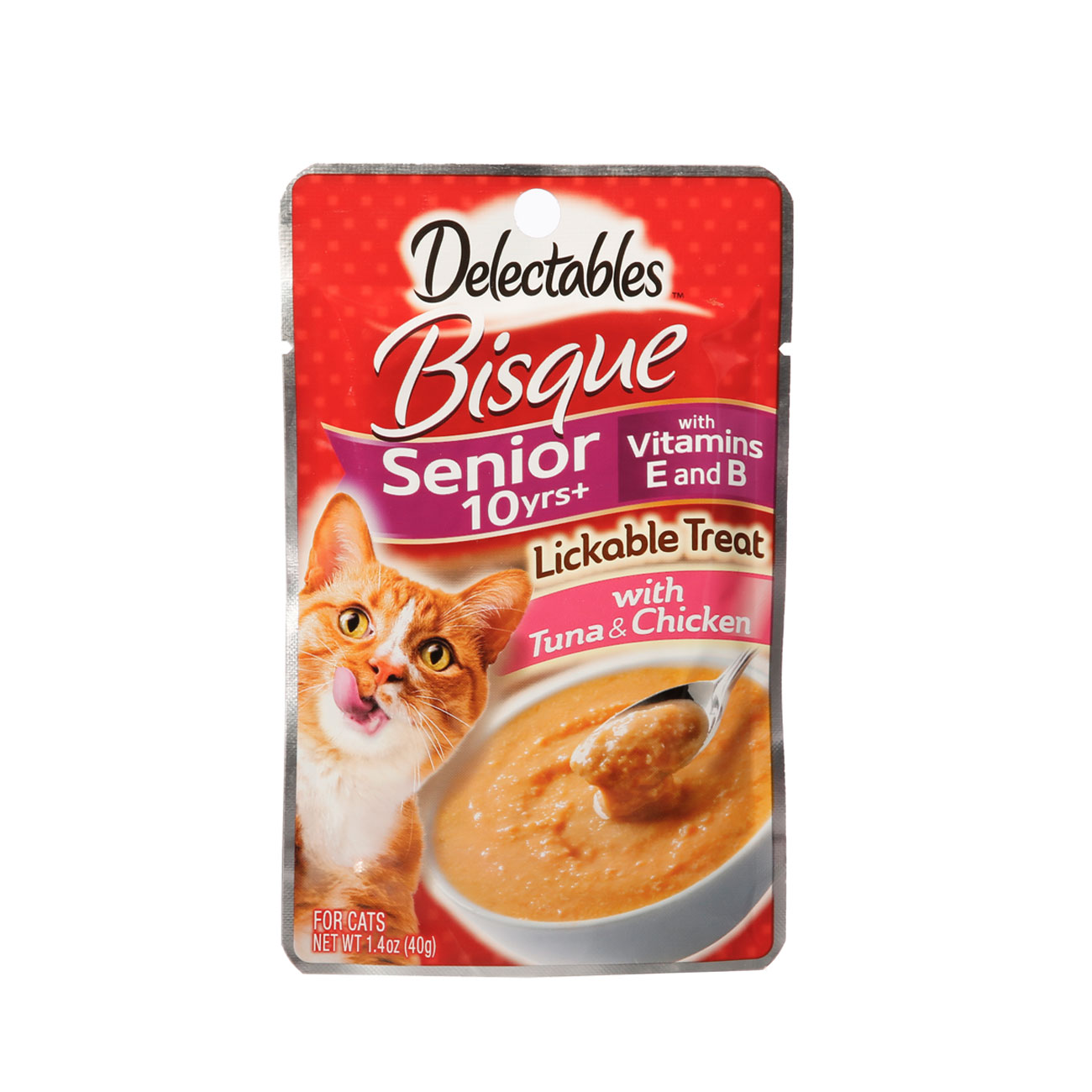 Front of delectables lickable treat bisque tuna and chicken senior cat treat package.